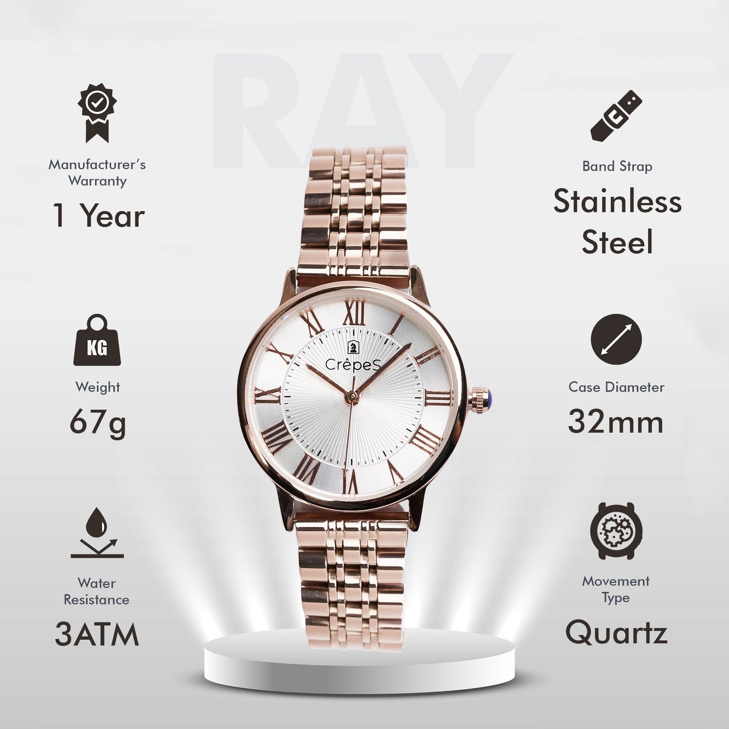 RAY ROMAN ROSE GOLD STAINLESS STEEL | WOMEN