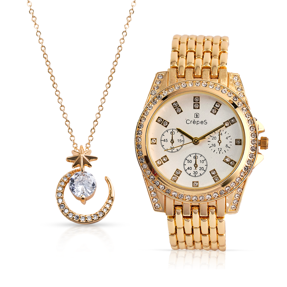 MAGNA STONE GOLD-WHITE & MOON NECKLACE GOLD COMBO | WOMEN