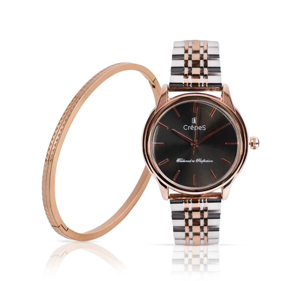 DOME DUO TONE-BLACK & ZIGZAG BRACELET ROSE-GOLD COMBO | WOMEN