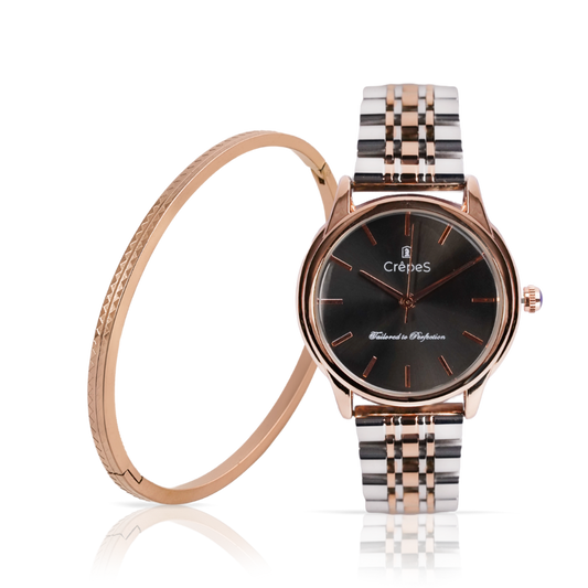 DOME DUO TONE-BLACK & ZIGZAG BRACELET ROSE-GOLD COMBO | WOMEN