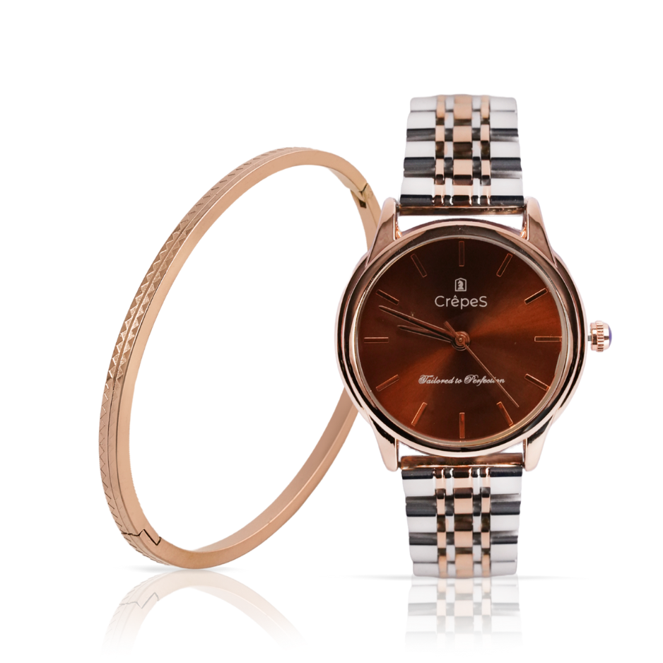 DOME DUO TONE-BROWN & ZIGZAG BRACELET ROSE-GOLD COMBO | WOMEN