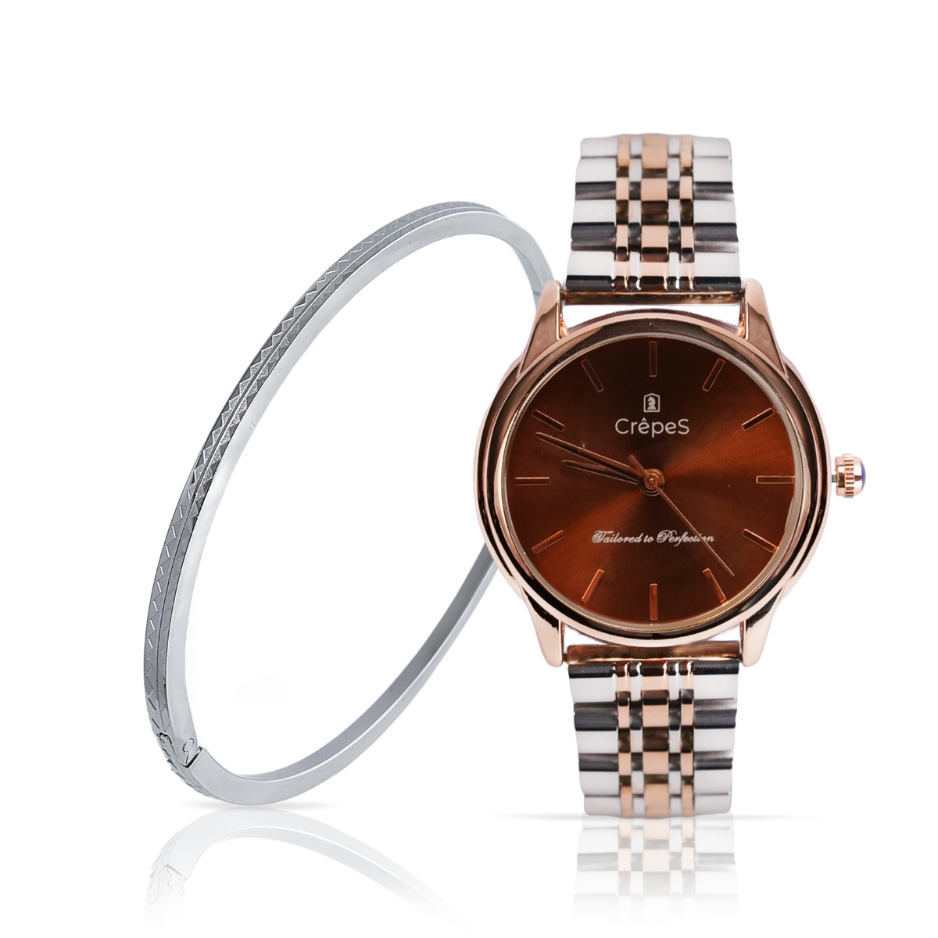 DOME DUO TONE-BROWN & ZIGZAG BRACELET SILVER COMBO | WOMEN