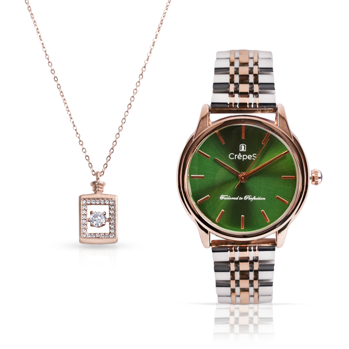 DOME DUO TONE-GREEN & BOTTLE NECKLACE ROSE-GOLD COMBO | WOMEN