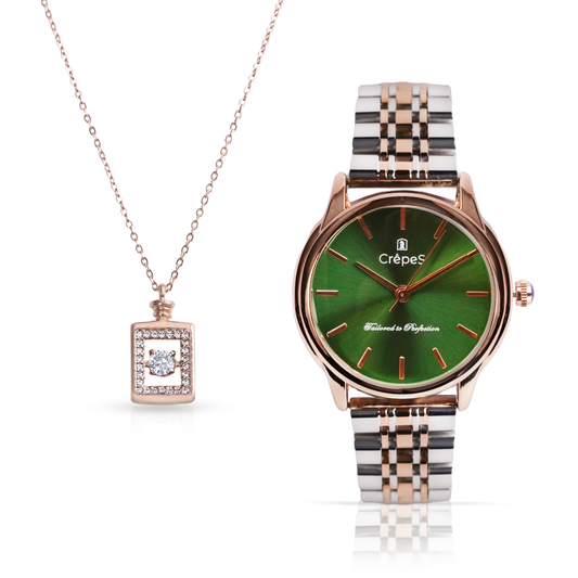 DOME DUO TONE-GREEN & BOTTLE NECKLACE ROSE-GOLD COMBO | WOMEN