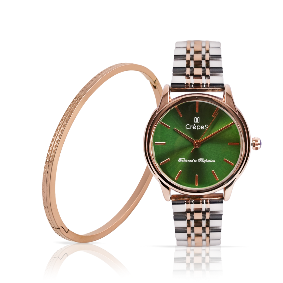 DOME DUO TONE-GREEN & ZIGZAG BRACELET ROSE-GOLD COMBO | WOMEN