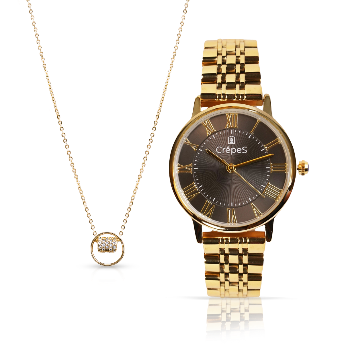 CrepeS Ray Watch Gold-Black & Circle Ring Pendant in Gold Combo | Women