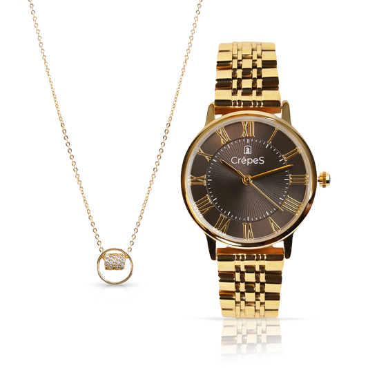 CrepeS Ray Watch Gold-Black & Circle Ring Pendant in Gold Combo | Women