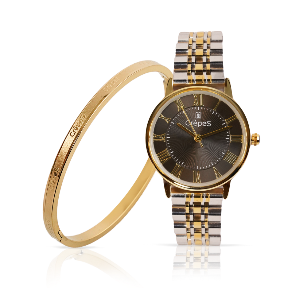 RAY ROMAN DUO TONE-GOLD BLACK & SIGNATURE BRACELET GOLD COMBO | WOMEN