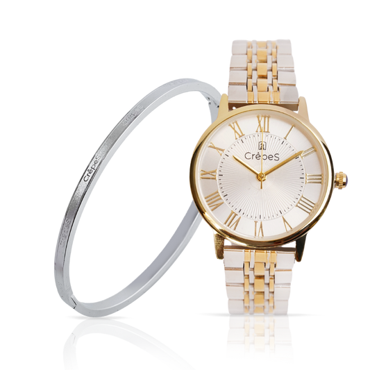 RAY ROMAN DUO TONE-GOLD WHITE & SIGNATURE BRACELET SILVER COMBO | WOMEN