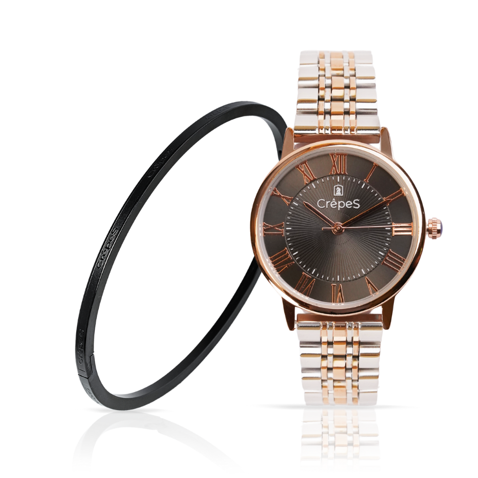 CrepeS Ray Watch Duo Tone Rose Gold-Black & Signature Bracelet Black Stack | Women