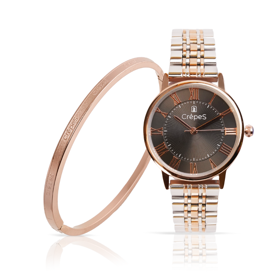 CrepeS Ray Watch Duo Tone Rose Gold-Black & Signature Bracelet Rose Gold Stack | Women