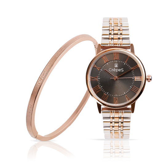 CrepeS Ray Watch Duo Tone Rose Gold-Black & Signature Bracelet Rose Gold Stack | Women