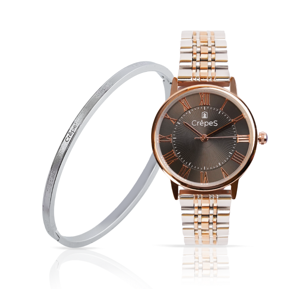 CrepeS Ray Watch Duo Tone Rose Gold-Black & Signature Bracelet Silver Stack | Women