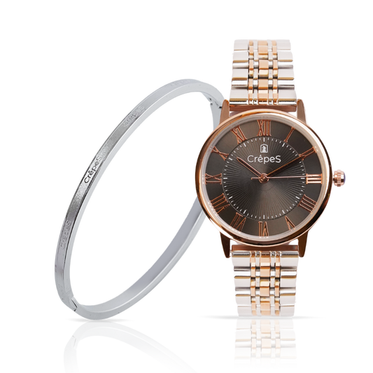 CrepeS Ray Watch Duo Tone Rose Gold-Black & Signature Bracelet Silver Stack | Women