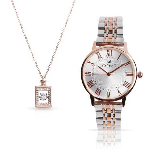 CrepeS Ray Watch Duo Tone Rose Gold-White & Bottle Pendant in Rose Gold Combo | Women