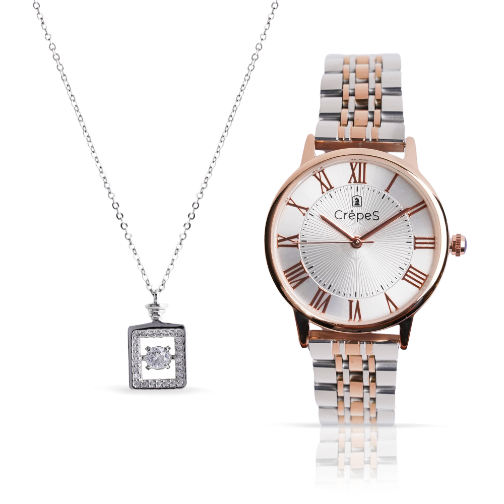 CrepeS Ray Watch Duo Tone Rose Gold-White & Bottle Pendant in Silver Combo | Women