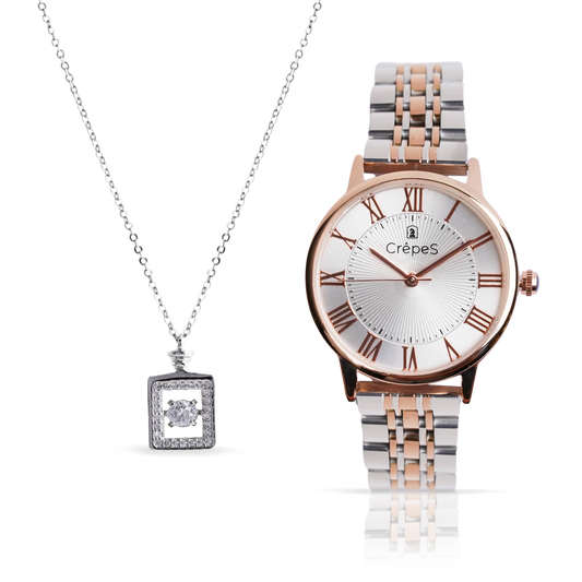 CrepeS Ray Watch Duo Tone Rose Gold-White & Bottle Pendant in Silver Combo | Women