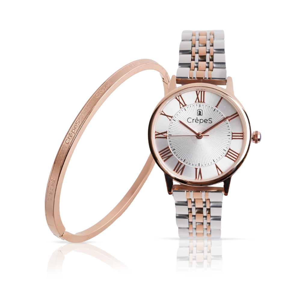 CrepeS Ray Watch Duo Tone Rose Gold-White & Signature Bracelet Rose Gold Stack | Women