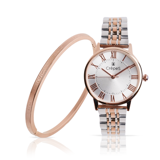 CrepeS Ray Watch Duo Tone Rose Gold-White & Signature Bracelet Rose Gold Stack | Women