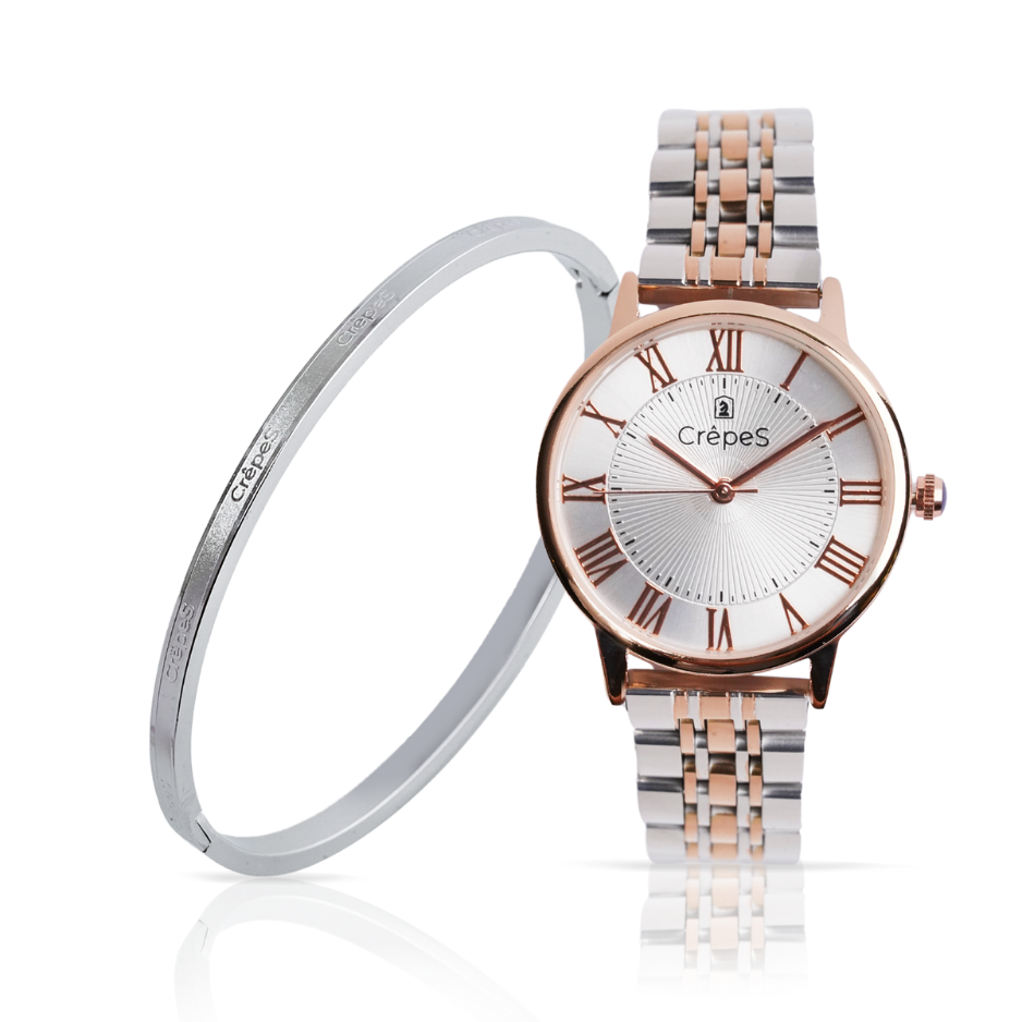 CrepeS Ray Watch Duo Tone Rose Gold-White & Signature Bracelet Silver Stack | Women