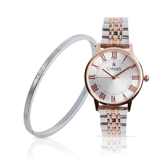 CrepeS Ray Watch Duo Tone Rose Gold-White & Signature Bracelet Silver Stack | Women