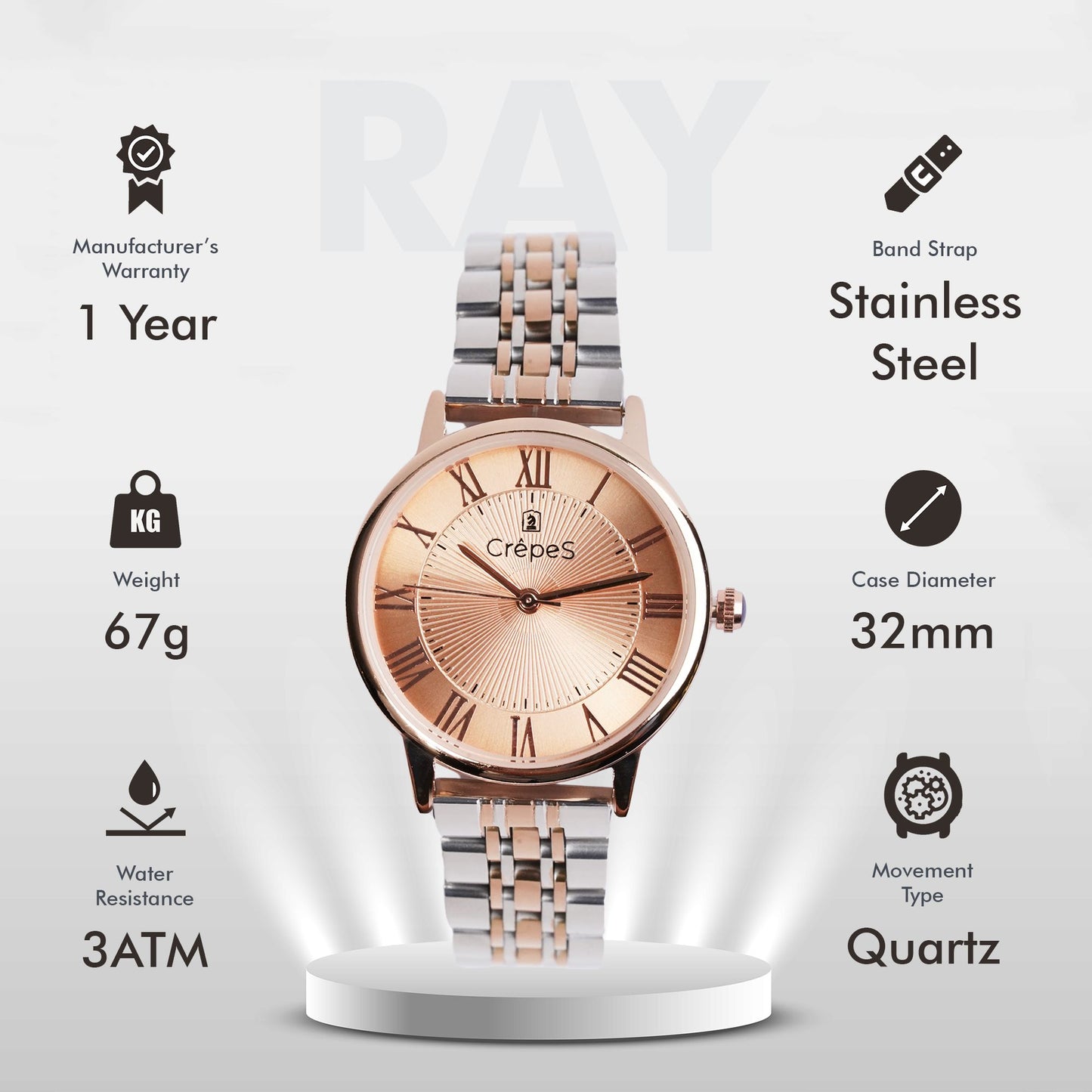 RAY ROMAN DUO TONE-ROSE GOLD STAINLESS STEEL | WOMEN